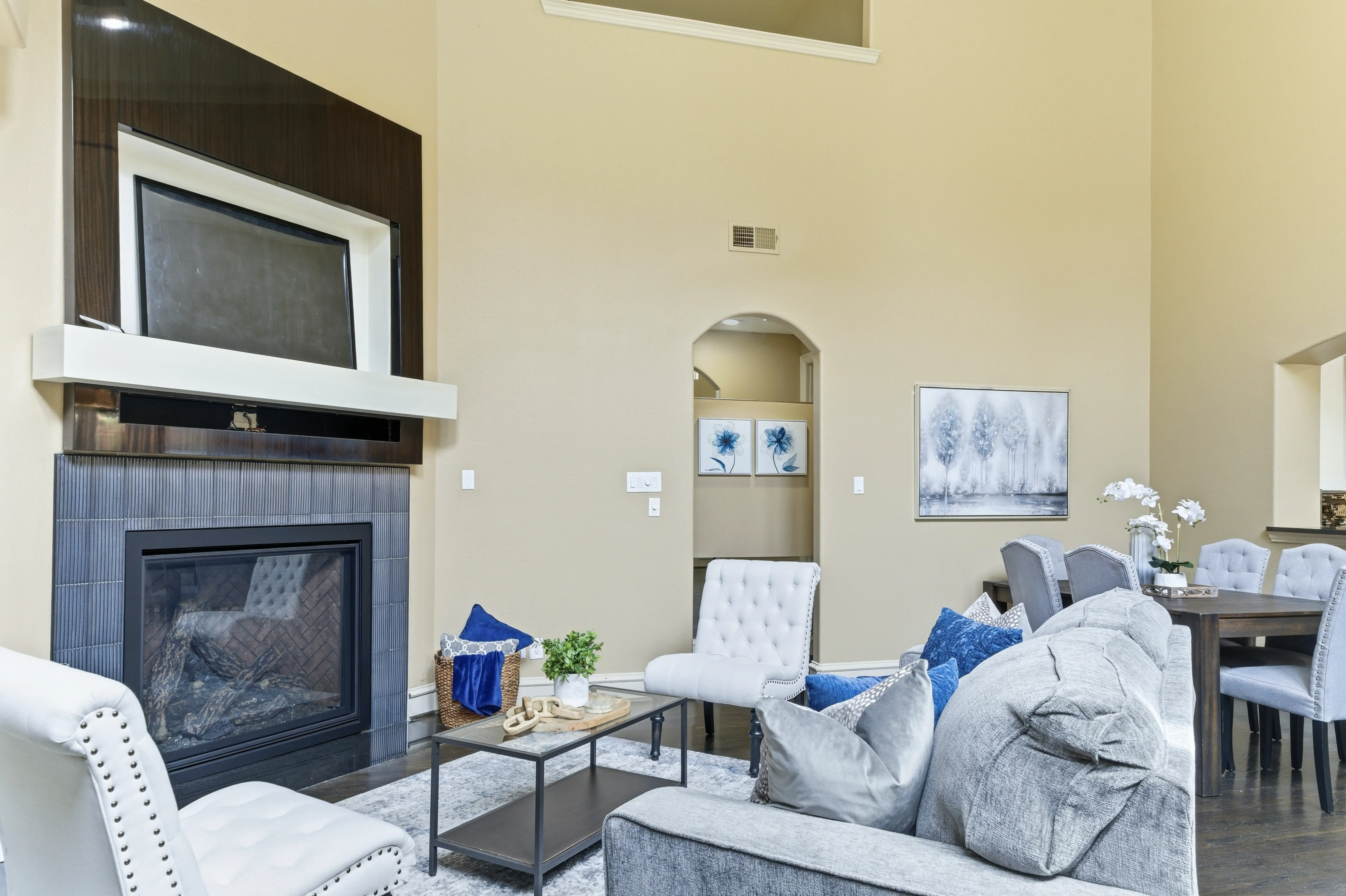 Living room seating area with fireplace